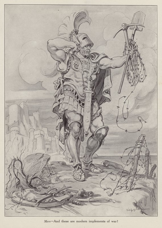 Mars, der römische Kriegsgott, hält Schaufeln und Stacheldraht, die im Grabenkrieg verwendet werden von American School
