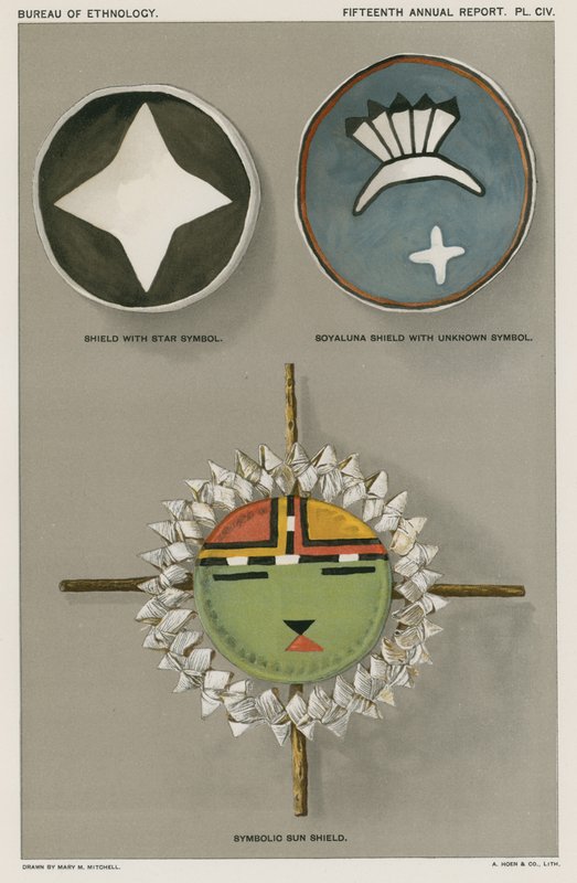 Indianische Schilde - Schild mit Sternsymbol, Soyaluna Schild mit unbekanntem Symbol, symbolischer Sonnenschild von American School