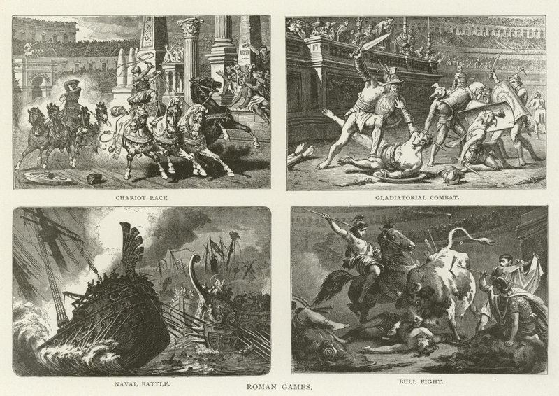 Römische Spiele, Wagenrennen, Gladiatorenkampf, Seeschlacht, Stierkampf von American School