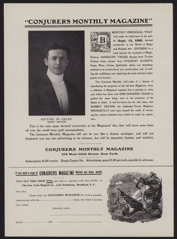 Abonnementformular für Conjurers Monthly Magazine, Chefredakteur Harry Houdini von American School