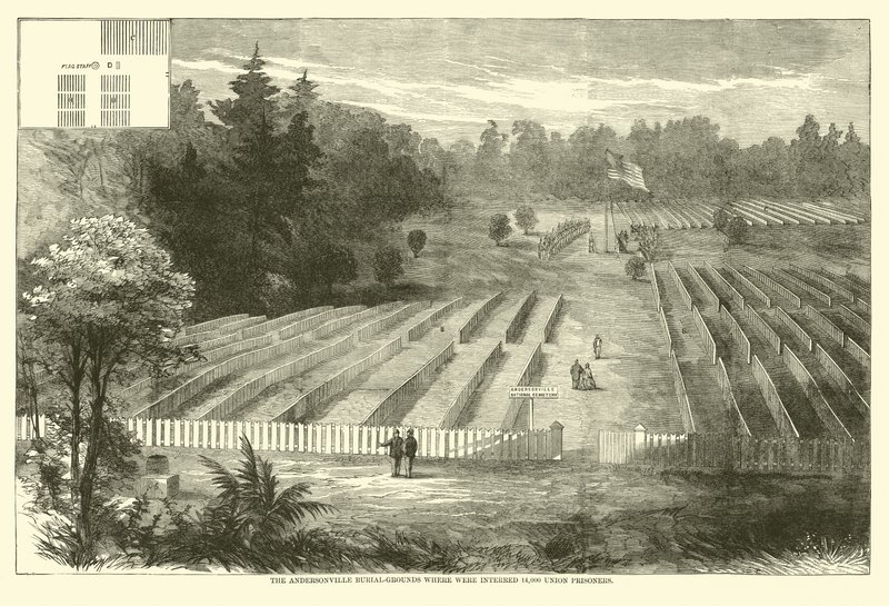 Der Andersonville-Friedhof, wo 14.000 Unionsgefangene begraben wurden, Mai 1865 von American School