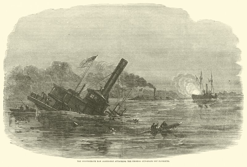 Der konföderierte Rammbock Albemarle greift die Bundeskanonenboote vor Plymouth an, Oktober 1864 von American School