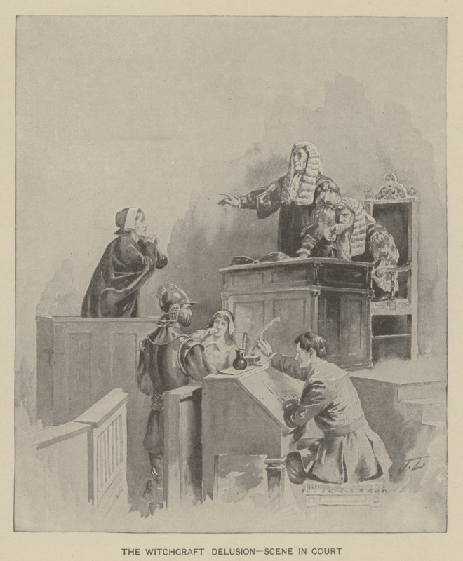Der Hexenwahn - Szene im Gericht (Lithografie) von American School