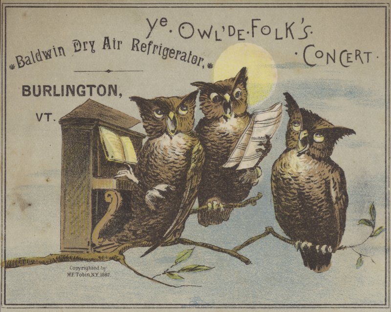 Drei singende Eulen (Chromolithografie) von American School