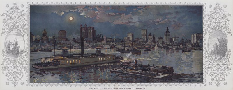Blick auf Manhattan Island bei Nacht, von einer Jersey City Fähre von American School