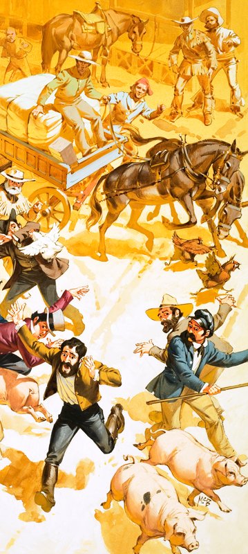 Ein Mann rennt durch die Straßen von San Francisco und verkündet die Entdeckung von Gold von Angus McBride
