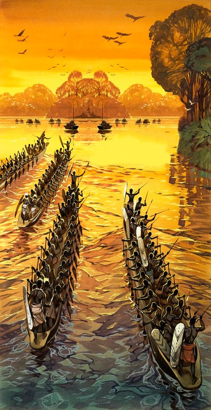 Henry Stanley, auf der Suche nach Livingstone, musste sich feindlichen Stämmen in Kriegskanus stellen von Angus McBride