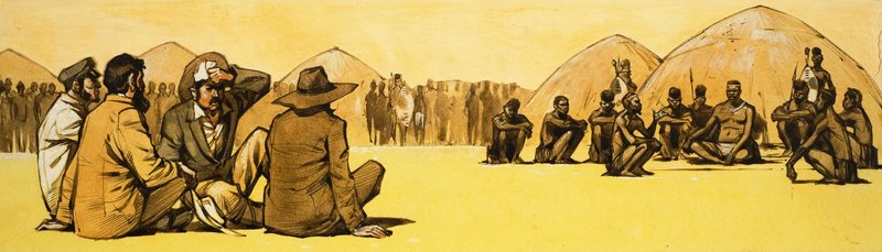 Pioniere verhandeln mit Stammeshäuptlingen in Afrika von Angus McBride