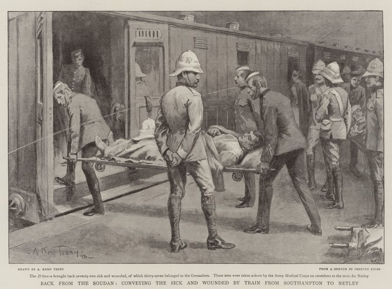 Zurück aus dem Sudan, Transport der Kranken und Verwundeten mit dem Zug von Southampton nach Netley von Arthur Kemp Tebby