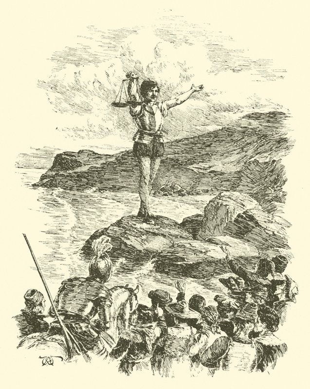 Die Abenteuer von Sir Artegall, Der Riese mit den Waagen (Gravur) von Arthur George Walker
