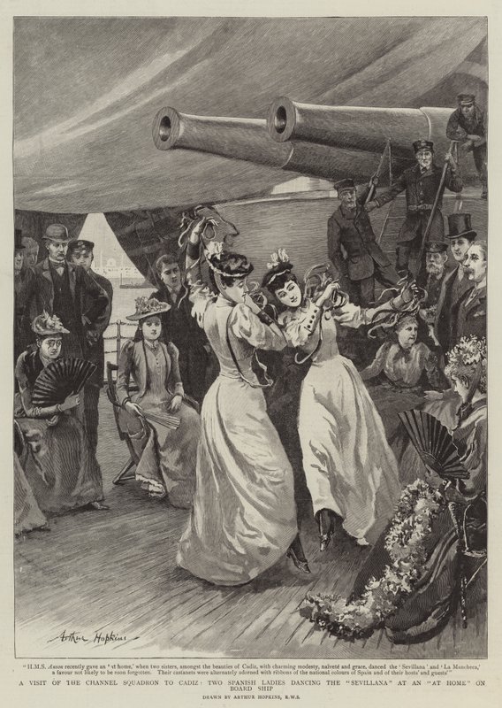 Ein Besuch des Kanalgeschwaders in Cadiz, zwei spanische Damen tanzen die Sevillana bei einem Empfang an Bord des Schiffes von Arthur Hopkins