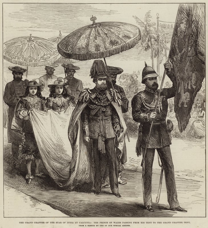 Das Große Kapitel des Sterns von Indien in Kalkutta, der Prinz von Wales auf dem Weg von seinem Zelt zum Großen Kapitelzelt von Arthur Hopkins
