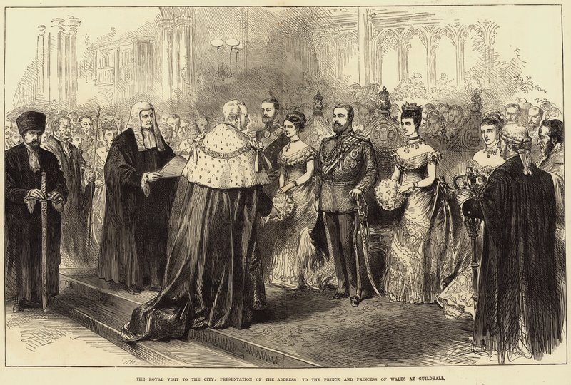 Der königliche Besuch in der Stadt, Übergabe der Adresse an den Prinzen und die Prinzessin von Wales im Guildhall von Arthur Hopkins