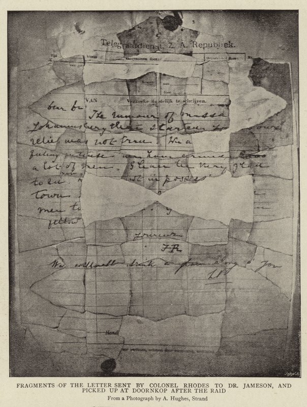 Fragmente des Briefes von Colonel Rhodes an Dr. Jameson, gefunden in Doornkop nach dem Überfall von Arthur Hughes