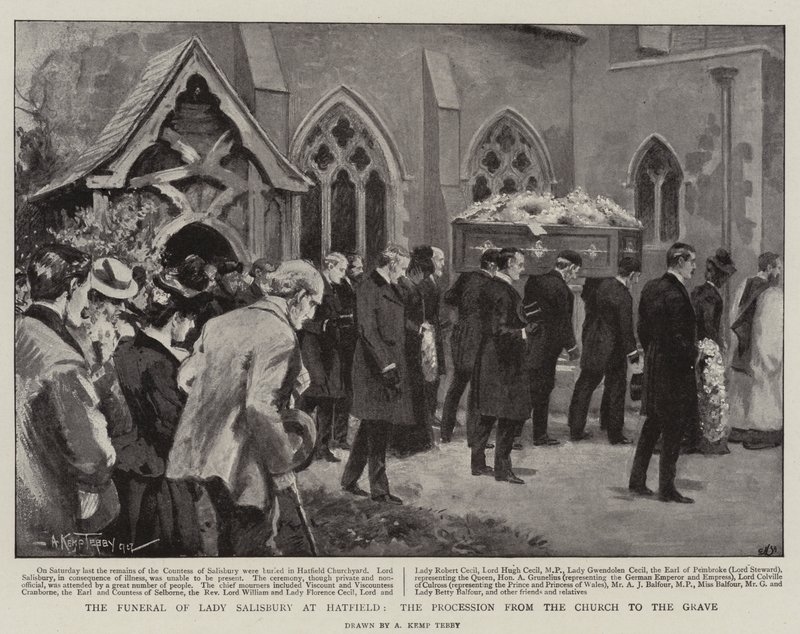 Das Begräbnis von Lady Salisbury in Hatfield, der Prozession von der Kirche zum Grab von Arthur Kemp Tebby