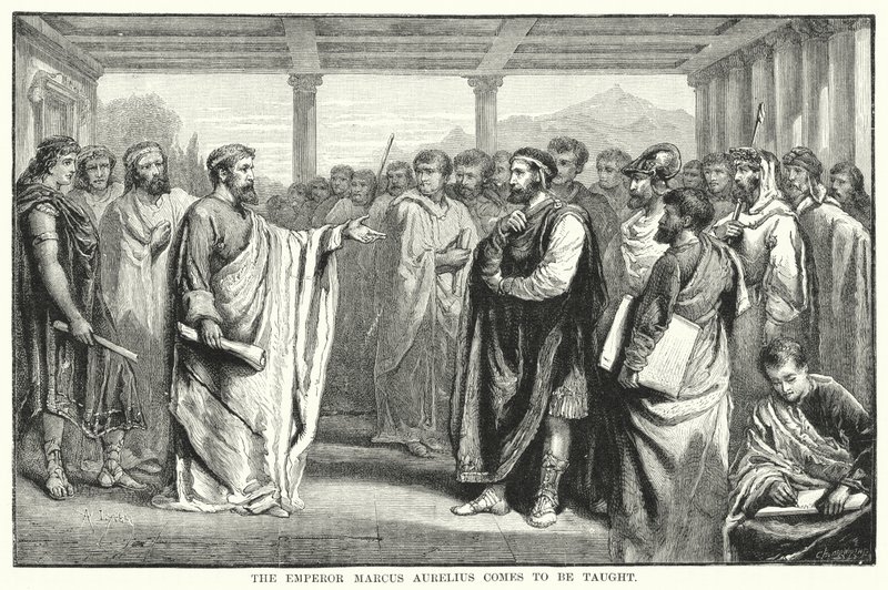 Der Kaiser Marcus Aurelius kommt, um unterrichtet zu werden (Gravur) von Auguste Francois (after) Laby
