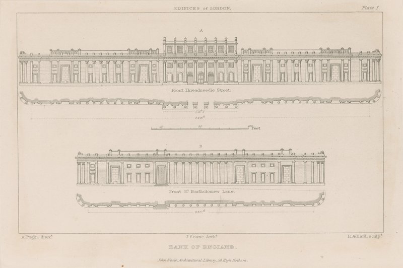 Bank of England, Sir John Soanes Südfront, 1823 von Augustus Charles Pugin