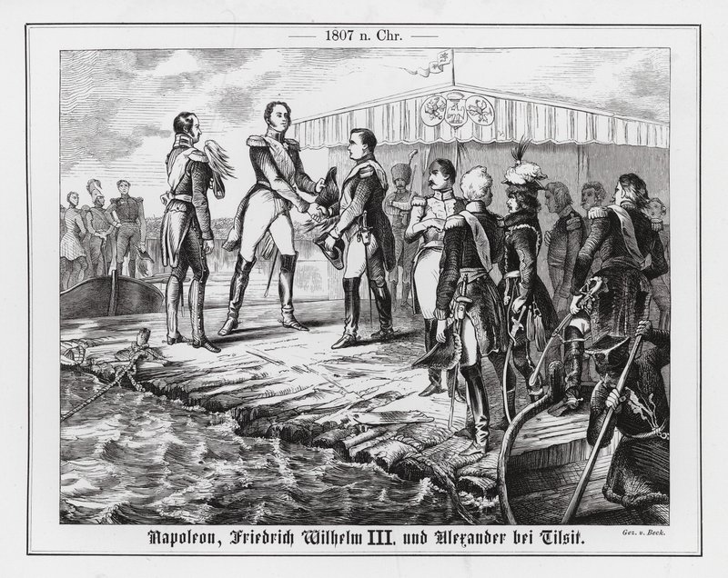 Treffen von Napoleon, König Friedrich Wilhelm III. von Preußen und Zar Alexander I. von Russland in Tilsit von Augustus J. Beck