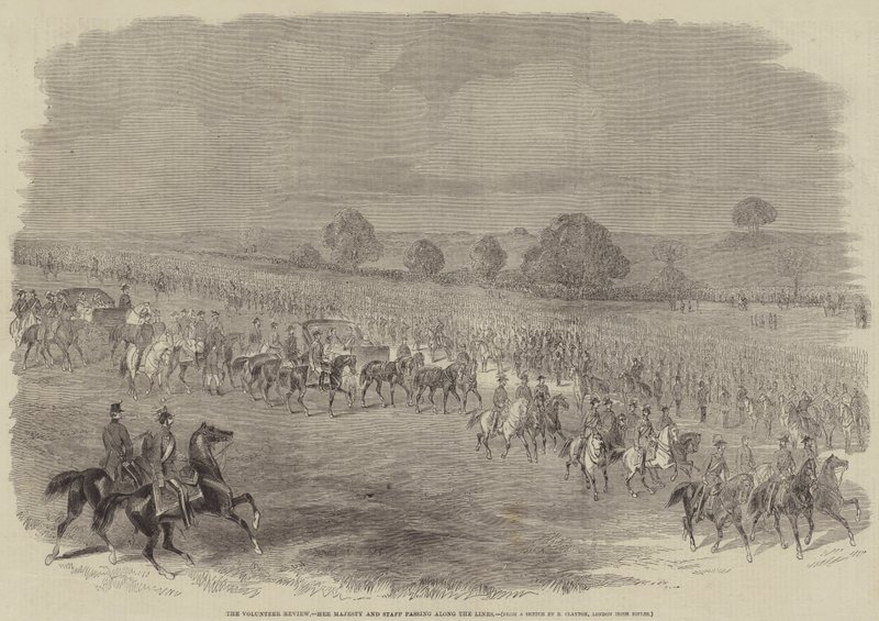Die Freiwilligen-Überprüfung, Ihre Majestät und der Stab passieren die Linien von B. Clayton