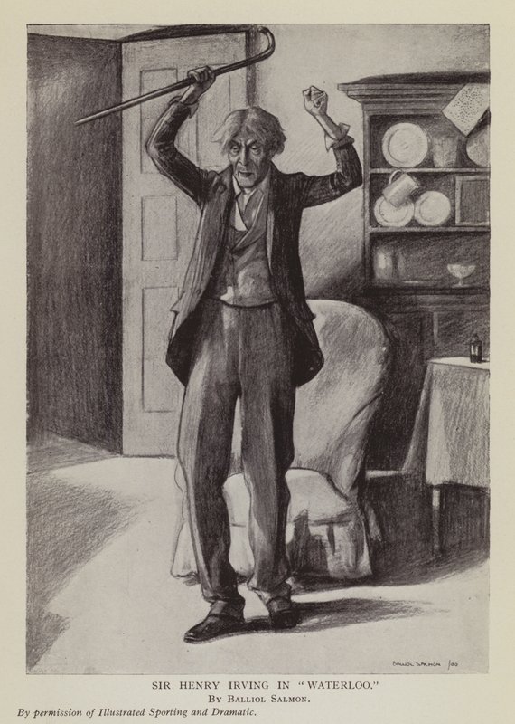 Der englische Schauspieler Henry Irving in Arthur Conan Doyles Stück Waterloo von Balliol (after) Salmon