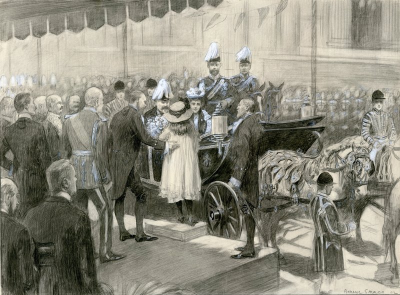 König Edward VII. und Königin Alexandra - Stand des London County Council auf dem Trafalgar Square, 24. Oktober 1902 von Balliol (after) Salmon
