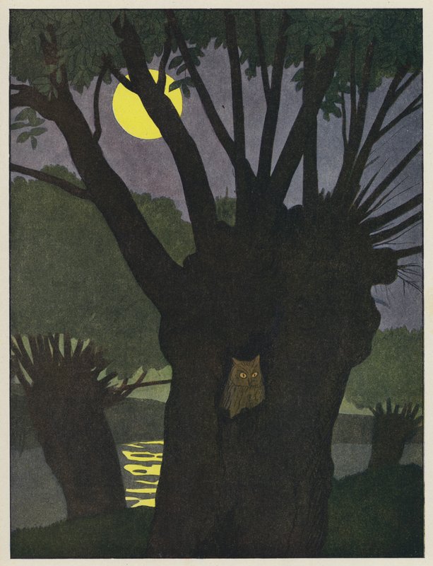 Eule in einem Baumloch in einer mondhellen Nacht von Benjamin Rabier