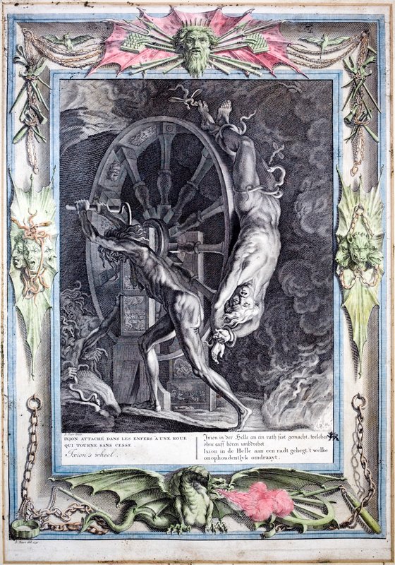 Ixion an das ewig drehende feurige Rad gebunden von Bernard (after) Picart