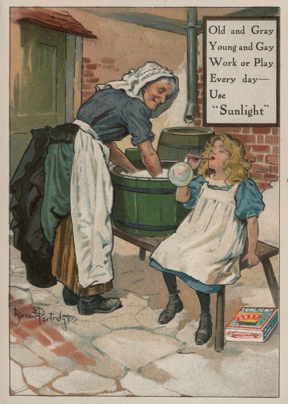 Junges Mädchen bläst Seifenblasen, während ihre Großmutter die Wäsche macht: Werbung für Sunlight-Seife von Bernard Partridge