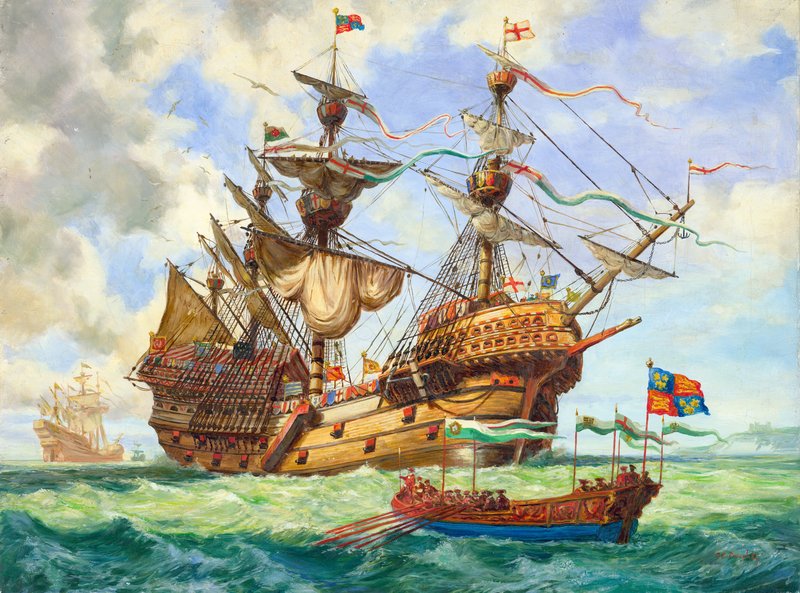 Die Great Harry, Flaggschiff von König Heinrichs Flotte, mit vielen ihrer 251 Kanonen von C.L. Doughty