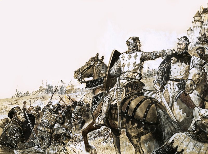 Unidentifizierte Schlachtszene mit Soldat, der auf den König zeigt von C.L. Doughty