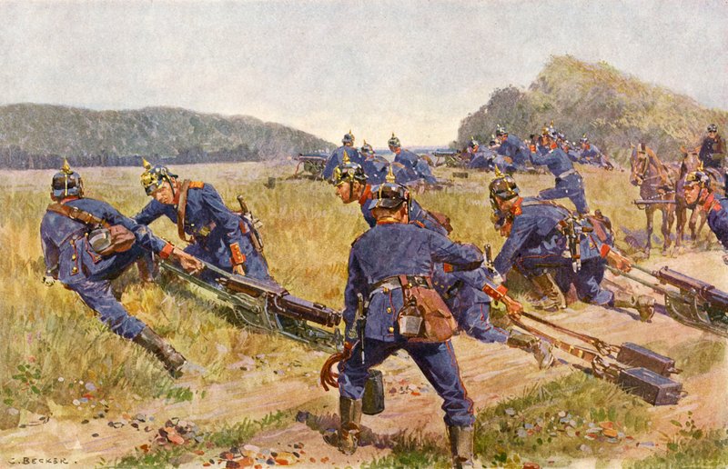 Bayerische Maschinengewehrkompanie richtet eine Stellung ein (Farblithografie) von Carl Ludwig Friedrich (after) Becker