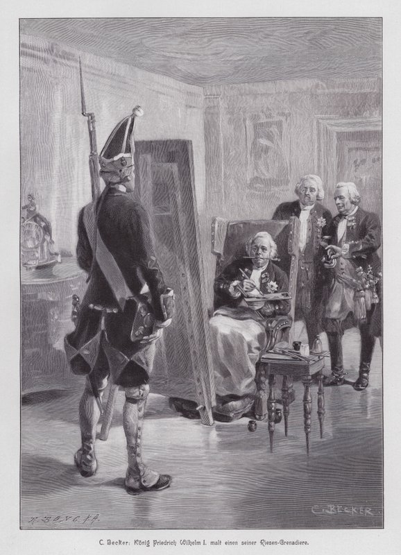 König Friedrich Wilhelm I. von Preußen malt einen Grenadier seiner Potsdamer Riesengarde (Größengarde von Potsdam) (Gravur) von Carl Ludwig Friedrich (after) Becker