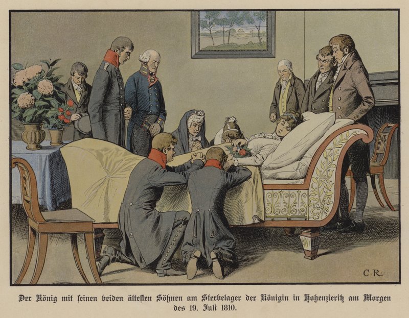 König Friedrich Wilhelm III. von Preußen und seine beiden ältesten Söhne am Sterbebett von Königin Luise am Morgen des 19. Juli 1810 von Carl Röchling