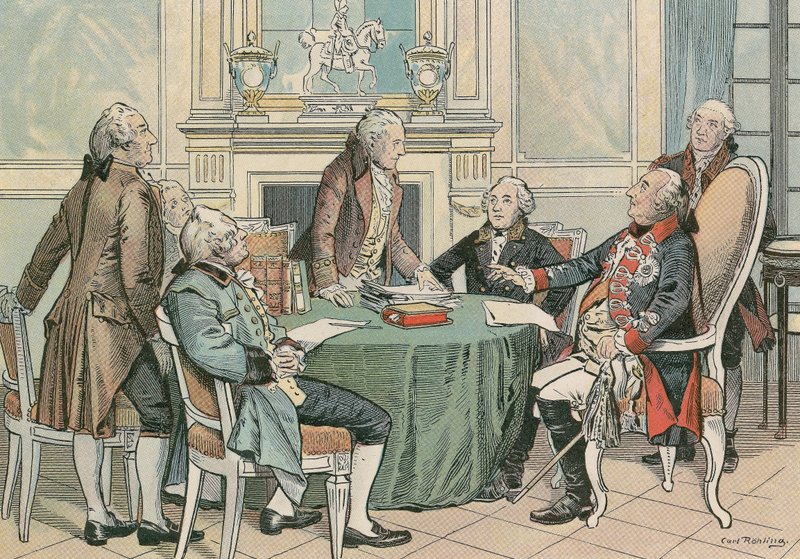 Friedrich Wilhelm II., König von Preußen (1744-1797) bei einer Beratung über das Preußische Allgemeine Landrecht (um 1790) von Carl Rohling