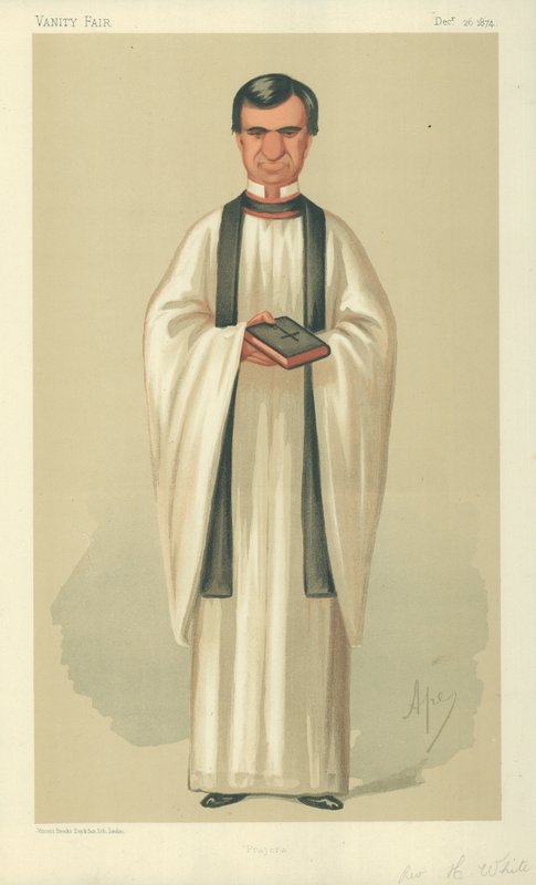 Der Rev Henry White, Gebete, 26. Dezember 1874, Vanity Fair Karikatur von Carlo Pellegrini