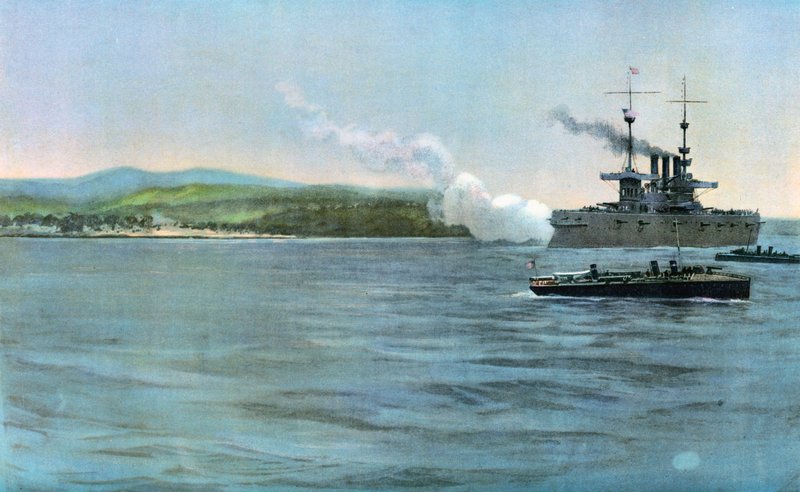 Flaggschiff von Admiral Sampson, der gepanzerte Kreuzer New York der Vereinigten Staaten, feuert auf eine Küstenwache der spanischen Kavallerie vor Cabanas, 29. April 1898 von Carlton Theodore Chapman