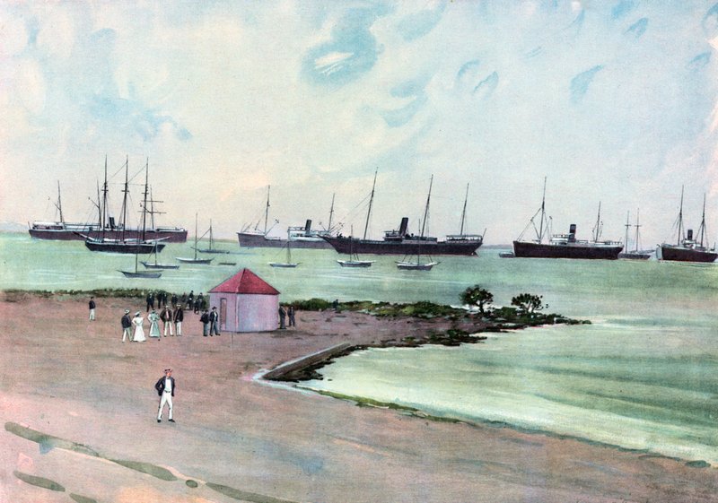 Erbeutete spanische Schiffe vor Anker im Man-of-War-Hafen, Key West. - Blick von der Esplanade in der Nähe der US-Armeekaserne von Carlton Theodore Chapman