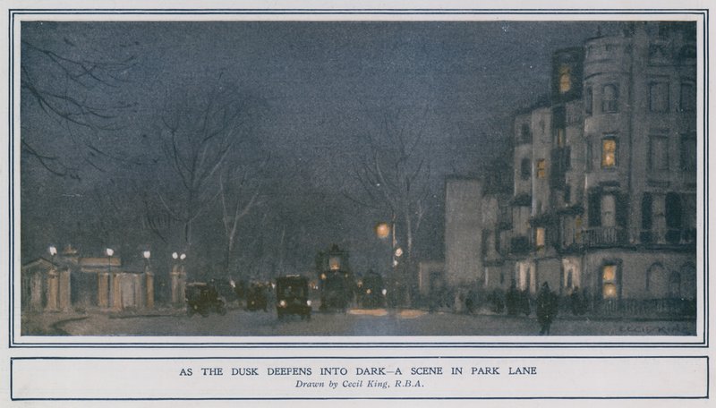 Wenn die Dämmerung in die Dunkelheit übergeht - eine Szene in der Park Lane von Cecil King