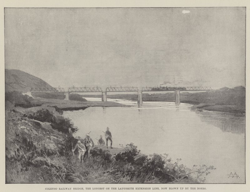 Colenso Eisenbahnbrücke, die längste auf der Ladysmith-Erweiterungslinie, jetzt von den Buren gesprengt von Charles Auguste Loye