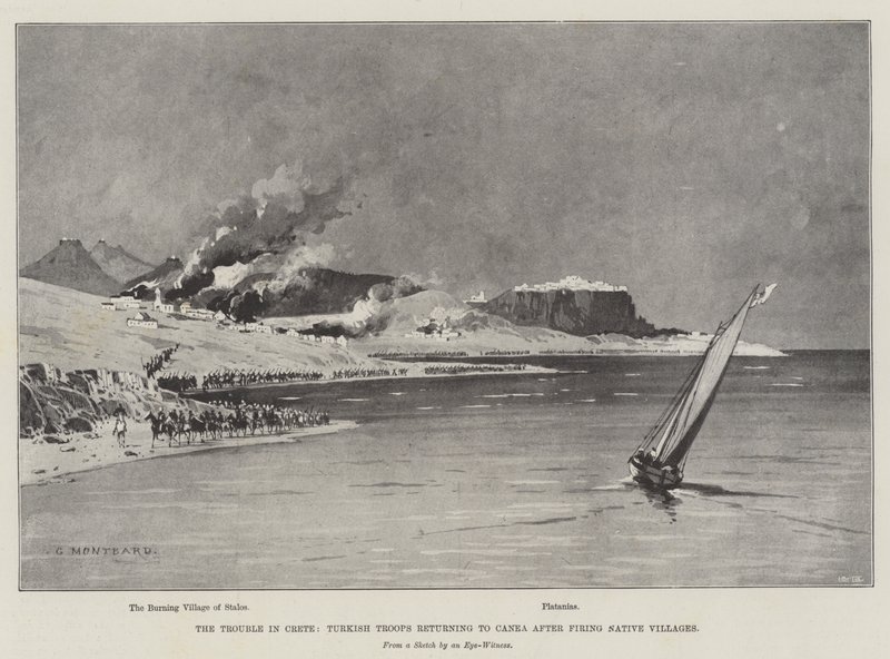 Die Unruhen auf Kreta, türkische Truppen kehren nach Canea zurück, nachdem sie einheimische Dörfer beschossen haben von Charles Auguste Loye