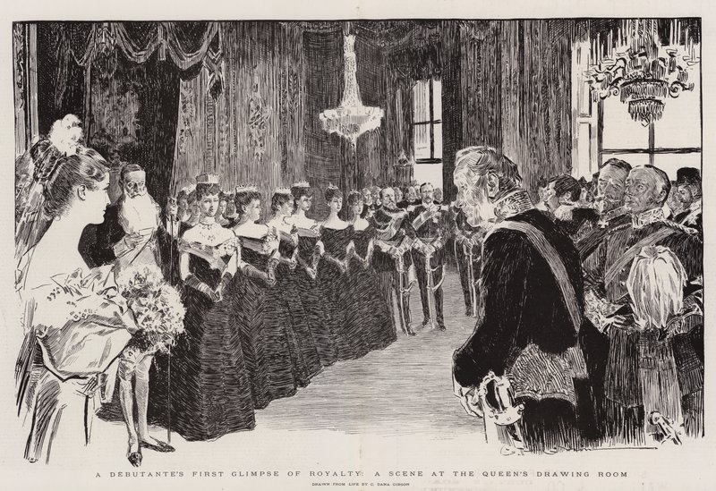 Der erste Blick einer Debütantin auf die Königsfamilie, eine Szene im Zeichenzimmer der Königin von Charles Dana Gibson