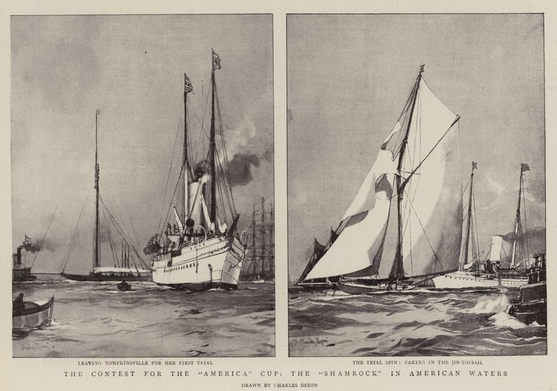 Der Wettbewerb um den America Cup, die Shamrock in amerikanischen Gewässern von Charles Edward Dixon