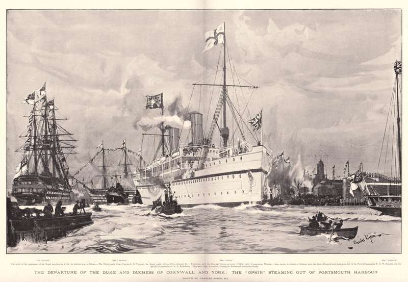 Die Abreise des Herzogs und der Herzogin von Cornwall und York, die Ophir dampft aus dem Hafen von Portsmouth von Charles Edward Dixon