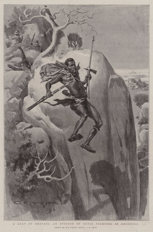 Ein Sprung der Verzweiflung, eine Episode des Kopje-Kampfes in Rhodesien von Charles Edwin Fripp