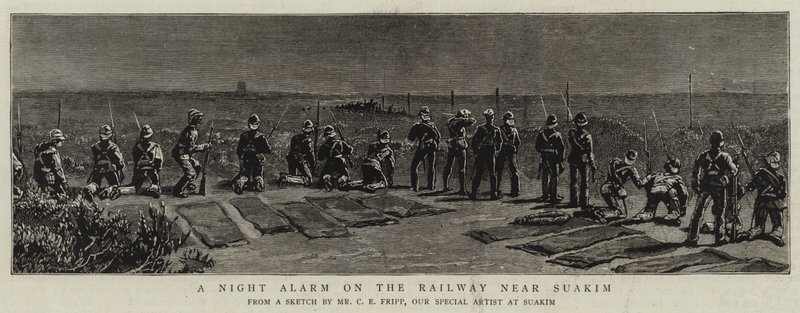 Ein Nachtalarm auf der Eisenbahn in der Nähe von Suakim von Charles Edwin Fripp
