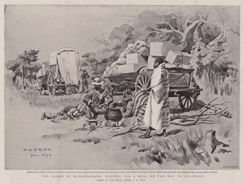 Der Aufstand in Matabeleland, Rast für eine Mahlzeit auf dem Weg nach Buluwayo von Charles Edwin Fripp