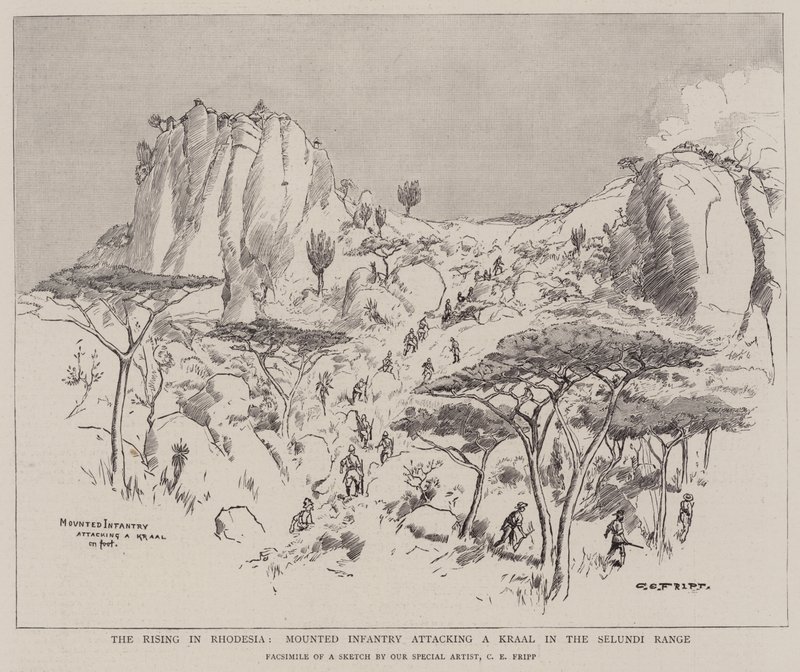 Der Aufstand in Rhodesien, berittene Infanterie greift ein Kraal im Selundi-Gebirge an von Charles Edwin Fripp