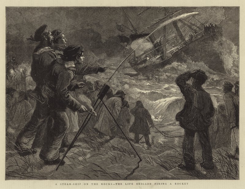 Ein Dampfschiff auf den Felsen, die Lebensbrigade feuert eine Rakete ab von Charles J. Staniland