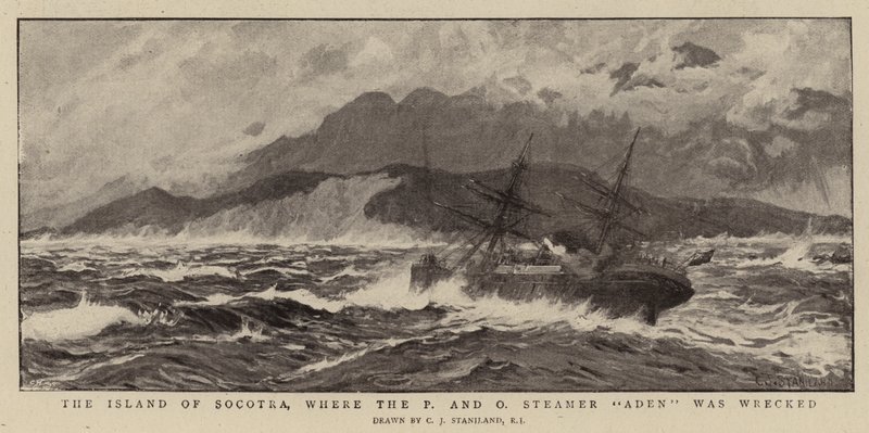 Die Insel Sokotra, wo der P und O Dampfer Aden gestrandet ist von Charles J. Staniland