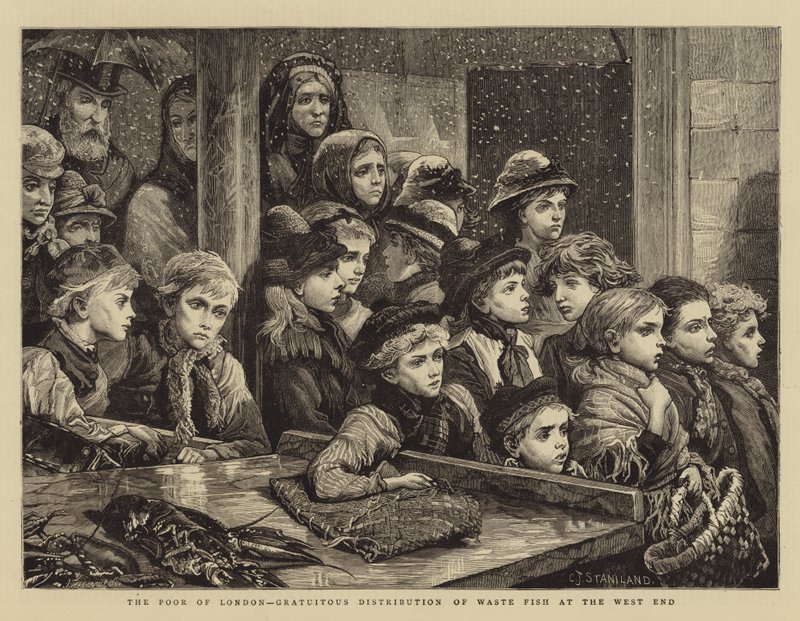 Die Armen von London, kostenlose Verteilung von Abfallfischen im West End von Charles J. Staniland